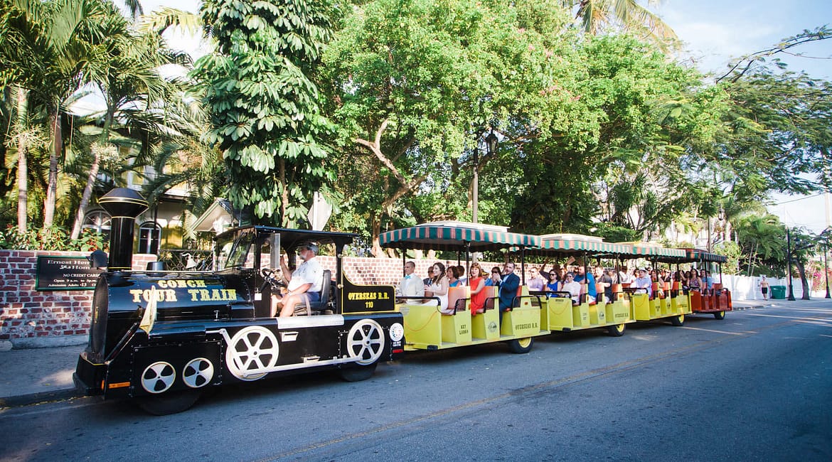 The Key West Conch Train takes guests to their wedding reception.