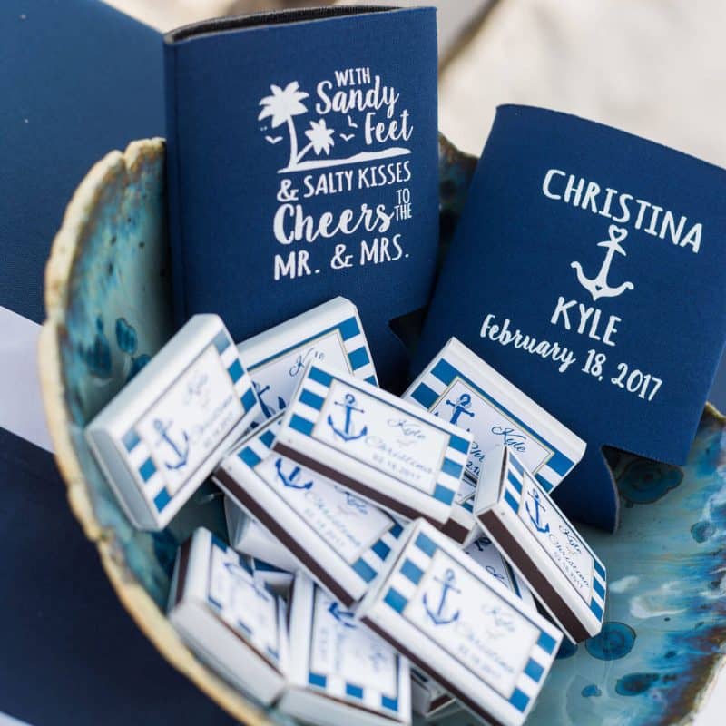 personalized koozies and matchboxes for the perfect wedding day favor